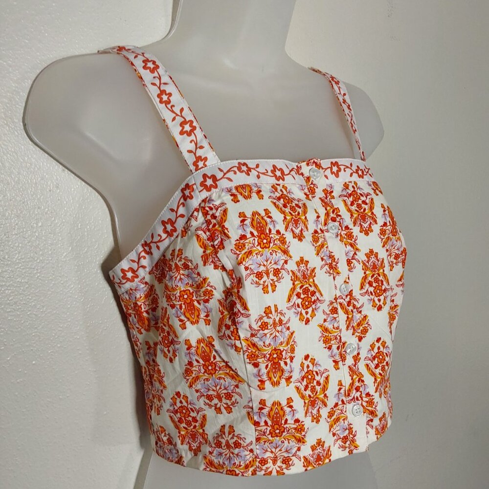 NWT Haute Hippie Sleeveless Floral Crop Top 100% Cotton Orange White - Large - Picture 4 of 9